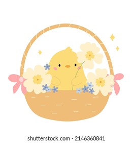 Kawaii chick in the basket with flowers. Cartoon animal. Hand drawn spring plants. Easter vector illustration.