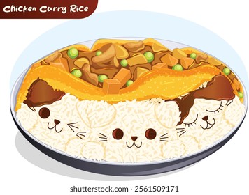 Kawaii Chicken Curry Rice with Cute Kitten Onigiri, Omelette, Veggies and Chicken served in Bowl Plate 