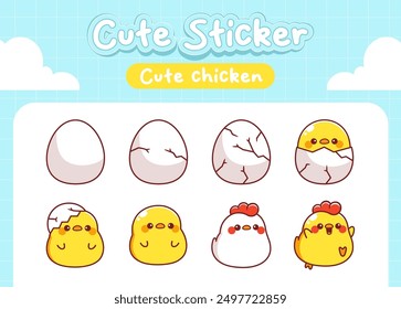 Ciclo de vida del pollo de Kawaii de la colección linda de la etiqueta engomada del huevo