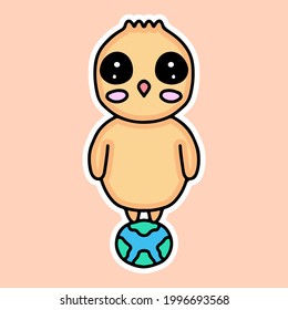 kawaii chicks cartoon standing on earth design illustration