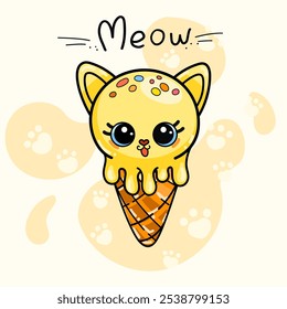 Kawaii Child Coloring Page. Cute Color illustration with sweet dessert doodle ice-cream for coloring book. Funny cat face for children's. Funny abstract background. Cat paws