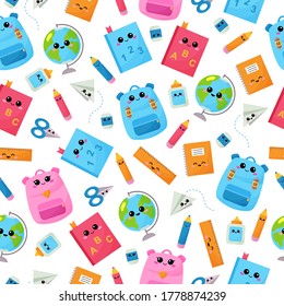 Kawaii childish seamless pattern. Back to school. Funny cartoon backpack, pencil, globe, scissors, glue, eraser and ruler. Vector educational objects with faces.