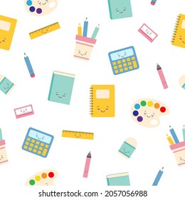 Kawaii childish seamless pattern. Back to school. Funny cute cartoon pencil, globe, eraser and ruler.