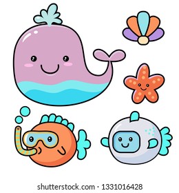 kawaii childish vector sticker of fishes and whale