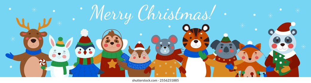 Kawaii childrens New Year. Christmas characters. Happy penguin or panda. Smiling sloth. Cute mammals with scarves. Kids adorable cubs. Xmas background. Winter baby ornament. Vector tidy holiday card