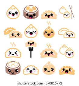 Kawaii Chinese dumplings, cute Asian food Dim Sum vector icons set 
 