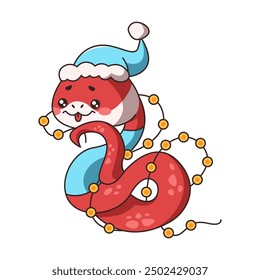 Kawaii Chinese snake adorned with festive garlands flat color image. Snake embodies spirit of celebration enhancing festive mood on white background