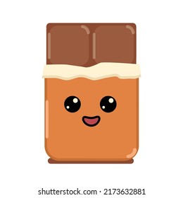 Bar de chocolate Kawaii lindo y gracioso personaje cómico sonriente, caricatura plana emotiva kawaii pieza de chocolate de leche, mascota dulce feliz para icono logo portada tarjeta niños ilustración vectorial