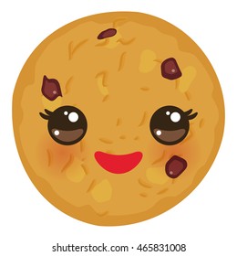 Kawaii Chocolate chip cookie Freshly baked isolated on white background. Cute face with pink cheeks and eyes. Bright colors. Vector