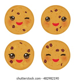 Kawaii Chocolate chip cookie set Freshly baked isolated on white background. Cute face with pink cheeks and eyes. Bright colors. Vector