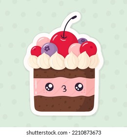 Kawaii Chocolate Cupcake With Cream And Berries. Cartoon Vector Cake On A Polka Dot Background.