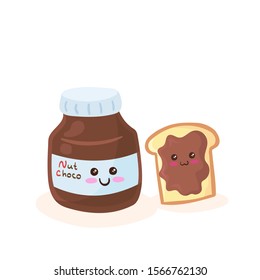 Kawaii Chocolate Hazelnut Spread Jar & Happy Loaf of White Bread smiling together. Cute funny breakfast sandwich character hand drawn vector illustration in cartoon doodle style. Kids menu concept.