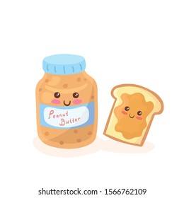 Kawaii Chocolate Peanut Butter Spread Jar & Happy Loaf of White Bread smiling together. Cute funny breakfast sandwich character hand drawn vector illustration in cartoon doodle style. Kids menu design