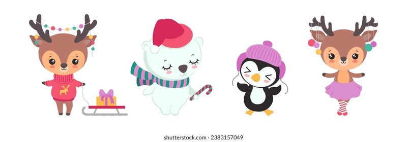 Personajes de dibujos animados vectores de animales de Navidad Kawaii. Reno dulce divertido, pingüino, oso polar lindo y reno adorable. Ilustración infantil para papel, libro, tarjeta de saludo de invierno.