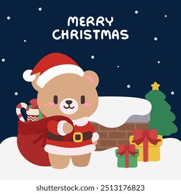 Kawaii Christmas Bear in Santa Outfit with Presents. Adorable Kawaii Christmas Bear with Santa Hat and Gifts. Cute Christmas Scene. Kawaii Bear Santa with Holiday Gifts.