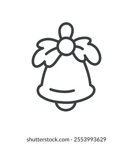 Kawaii Christmas bell icon. Hand drawn monochrome illustration of a bell decorated with holly leaves and berries isolated on a white background. Cute winter holiday sticker. Vector 10 EPS.