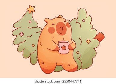 Kawaii Christmas capybara with New Year Tree star toy and hot drink.