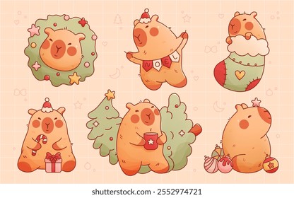 Kawaii Christmas capybaras New Year Tree star toy garland with flags, candy sock and wreath.