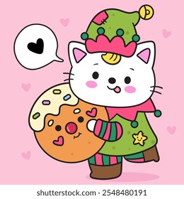 Kawaii Christmas cat elf fantasy with gingerbread cookie. Cute kitty kitten playing (whimsical characters). Happy new year greeting card. Holiday cartoon xmas kids winter season. Flat illustration