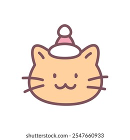 Kawaii Christmas cat icon. Hand drawn illustration of a funny red cat with Santa Claus hat on its head isolated on a white background. Cute winter holiday sticker. Vector 10 EPS.