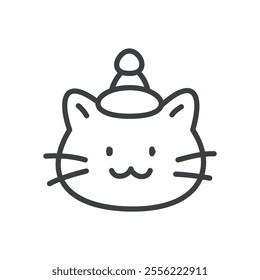 Kawaii Christmas cat icon. Hand drawn monochrome illustration of a funny cat with Santa Claus hat on its head isolated on a white background. Cute winter holiday sticker. Vector 10 EPS.