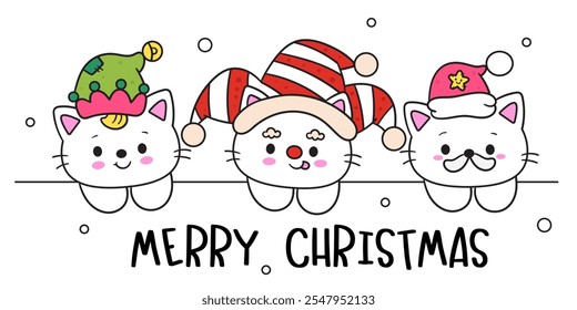 Kawaii Christmas cat set wear festive hat. Cute kitty kitten playing (whimsical characters). Happy new year greeting card. Holiday cartoon xmas kids winter season. Flat illustration for clipart.