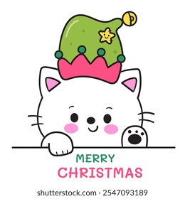 Kawaii Christmas cat wear elf hat (whimsical characters). Happy new year greeting card. Holiday cartoon xmas kids winter season. Flat illustration for clipart, postcards, banners, shirt design sticker