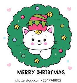 Kawaii Christmas cat wear elf hat in Christmas wreath. Cute kitty kitten playing (whimsical characters). Happy new year greeting card. Holiday cartoon xmas kids winter season. Flat illustration.