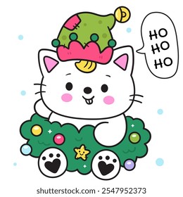 Kawaii Christmas cat wear elf hat with Christmas wreath. Cute kitty kitten playing (whimsical characters). Happy new year greeting card. Holiday cartoon xmas kids winter season. Flat illustration.