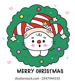 Kawaii Christmas cat wear joker hat in Christmas wreath. Cute kitty kitten playing (whimsical characters). Happy new year greeting card. Holiday cartoon xmas kids winter season. Flat illustration.