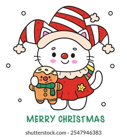 Kawaii Christmas cat wear joker hat festive dress holding gingerbread cookie. Cute kitty kitten playing (whimsical characters). Happy new year greeting card. Holiday cartoon xmas kids winter season.