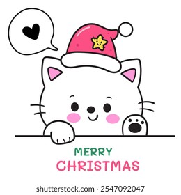 Kawaii Christmas cat wear santa hat (whimsical characters). Happy new year greeting card. Holiday cartoon xmas kids winter season. Flat illustration for clipart, postcards, banners, shirt design.