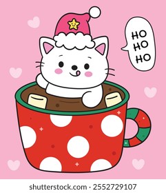 Kawaii Christmas cat in xmas drink hot chocolate. Cute kitty kitten playing (whimsical characters). Happy new year greeting card. Holiday cartoon kids winter season. Flat illustration for clipart