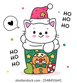 Kawaii Christmas cat in xmas gingerbread cookie sock. Cute kitty kitten playing (whimsical characters). Happy new year greeting card. Holiday cartoon kids winter season. Flat illustration for clipart.