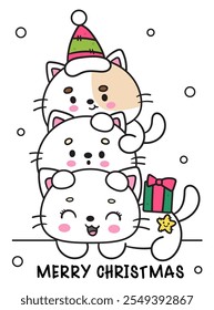 Kawaii Christmas cats collection. Cute kitty kitten playing (whimsical characters). Happy new year greeting card. Holiday cartoon xmas kids winter season. Flat illustration for clipart, postcards.