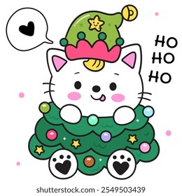 Kawaii Christmas cats collection xmas tree. Cute kitty kitten playing (whimsical characters). Happy new year greeting card. Holiday cartoon kids winter season. Flat illustration for clipart, postcard.