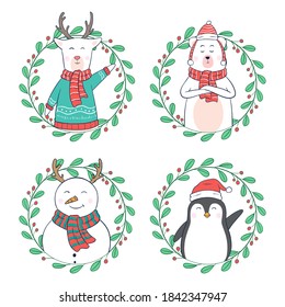 Kawaii christmas characters with circle floral frame