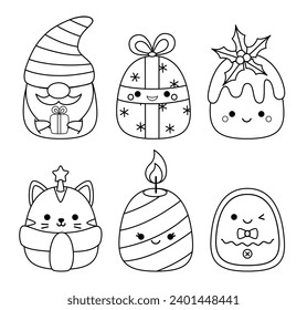 Kawaii Christmas characters. Coloring page. Squishmallow. Black and white. Color me. Kawaii. Isolated vector illustration eps