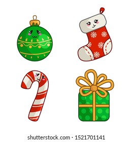 Kawaii Christmas characters, set for new year decoration, cute objects - sock, stocking, gift box with bow, sweet candy cane, ball for christmas tree - isolated objects on white, vector 