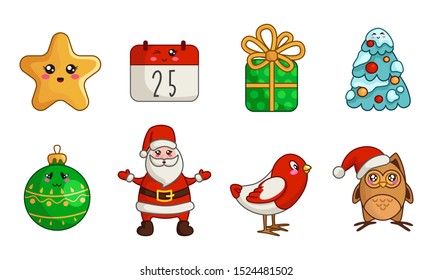 Kawaii Christmas characters and things - set of new year decorations, cute owl, bird, Santa Claus, calendar, gift box, Christmas tree with snow and balls - isolated objects on white, vector 