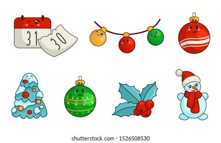 Kawaii Christmas characters and things - set of new year decorations, cute snowman in santa hat, calendar, green ball, holly, garland, Christmas tree with snow - isolated objects on white, vector 