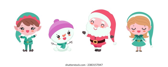 Kawaii Christmas characters vector cartoon illustration isolated. Cute Santa gnome, fun elf boy, sweet elf girl, little snowman. Classic carol children for Christmas print, winter greeting card.