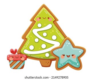 Kawaii Christmas cookies. Flat vector illustration