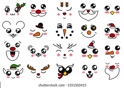 Kawaii christmas cute faces. Manga style eyes and mouths. Funny cartoon japanese emoticon in in different expressions set. Expression anime character and emoticon face illustration for the new year.