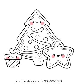 Página de colorear elementos de navidad kawaii para niños. Ilustración vectorial de dibujos animados