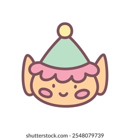 Kawaii Christmas Elf icon. Hand drawn illustration of a funny Santa's helper isolated on a white background. Cute winter holiday sticker. Vector 10 EPS.