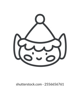 Kawaii Christmas Elf icon. Hand drawn monochrome illustration of a funny Santa's helper isolated on a white background. Cute winter holiday sticker. Vector 10 EPS.