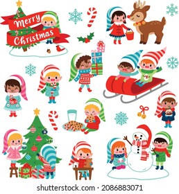 Kawaii Christmas Elves Vector Illustrations