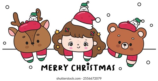 Kawaii Christmas festive with girl santa claus cartoon teddy bear and reindeer baby animal (whimsical characters). Happy new year greeting card. Holiday cartoon xmas ho ho oh kids winter season. Flat.