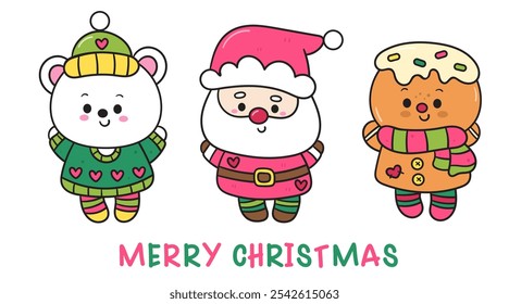 Kawaii Christmas festive with Pink santa claus cartoon gingerbread cookie and polar bear baby animal (whimsical characters). Happy new year greeting card. Holiday cartoon xmas kids winter season. Flat